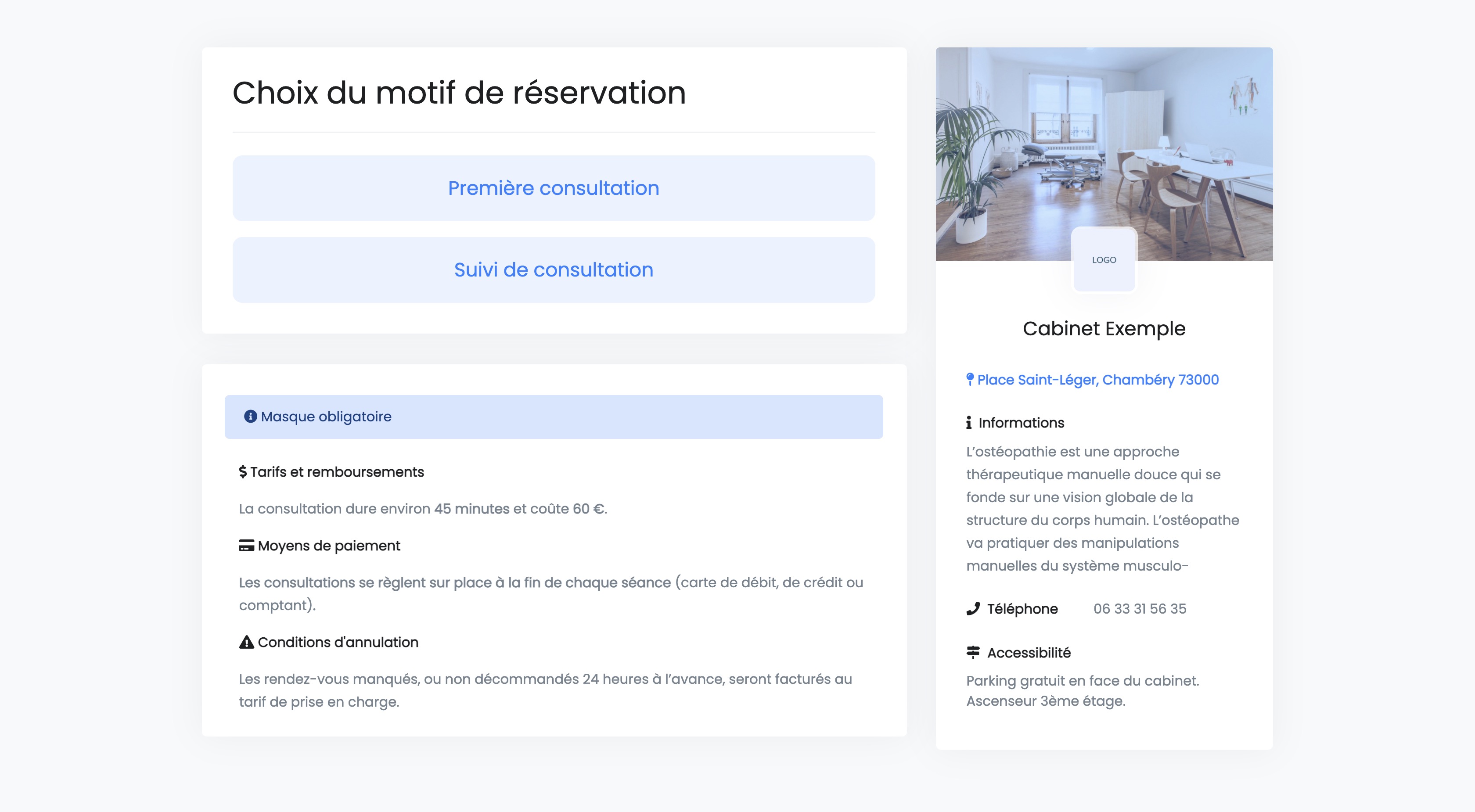 Réservation en ligne | Choix du motif de consultation | PERFACTIVE